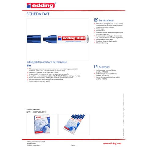 Marcatore permanente edding 800 punta scalpello 4-12 mm blu E-800 003